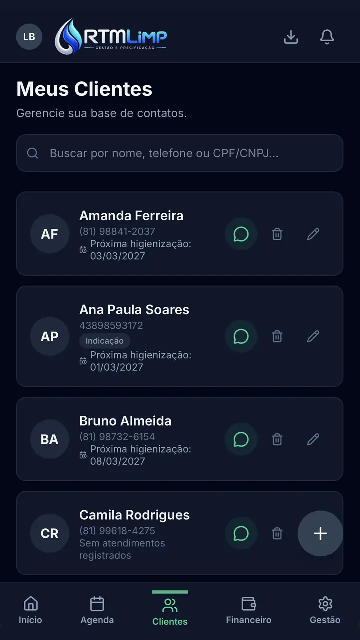 Cadastro de Clientes do RTM Limp Gestão
