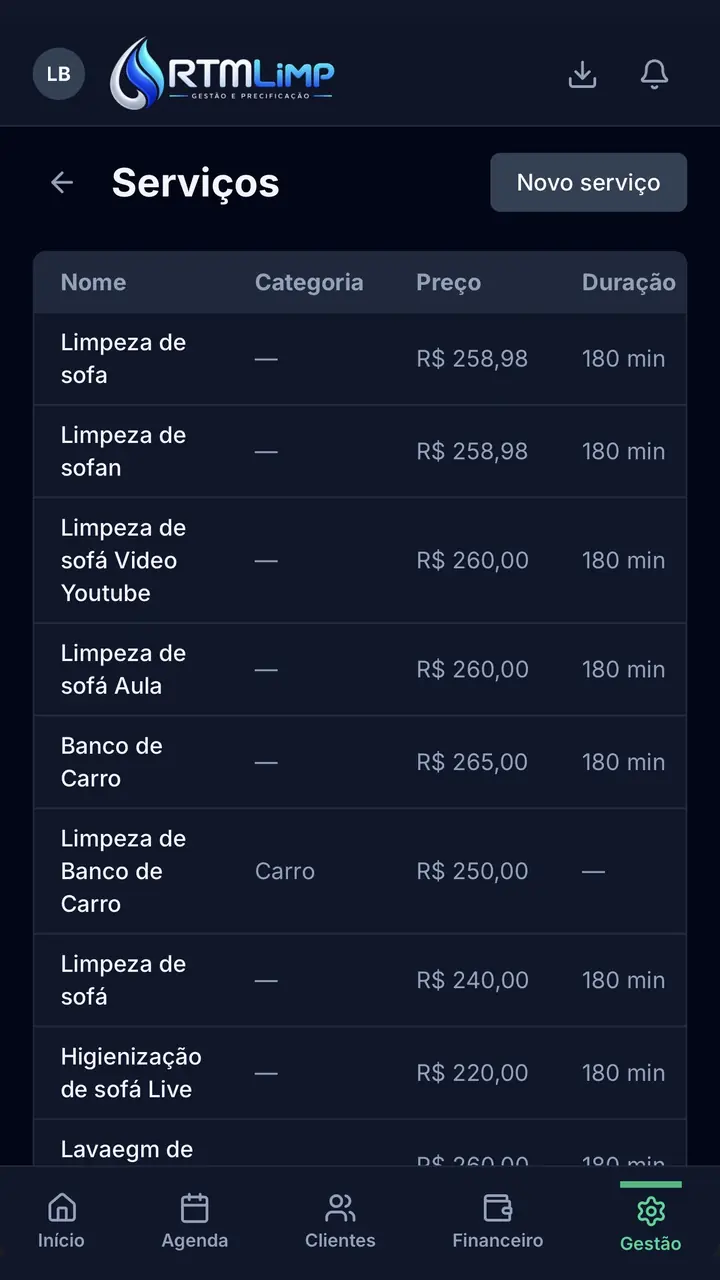 Catálogo de Serviços do RTM Limp Gestão