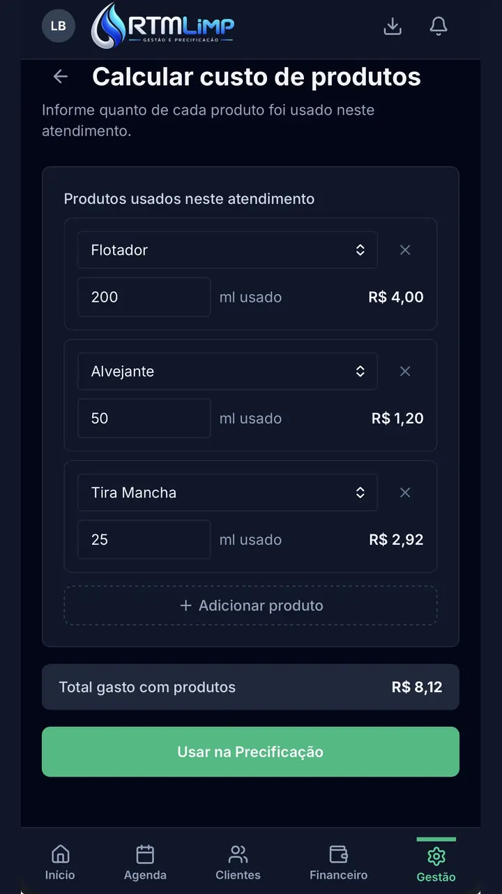 Custo de Produtos do RTM Limp Gestão