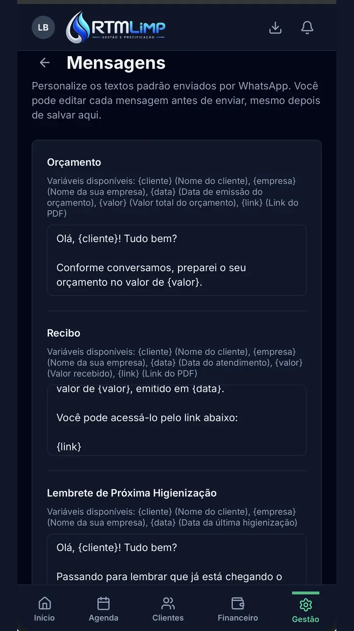 Personalize Mensagens do RTM Limp Gestão